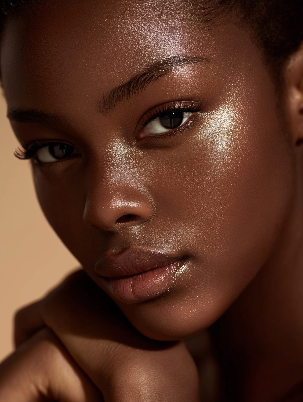 Portrait en gros plan, regard vers l’objectif, lumière dorée.
